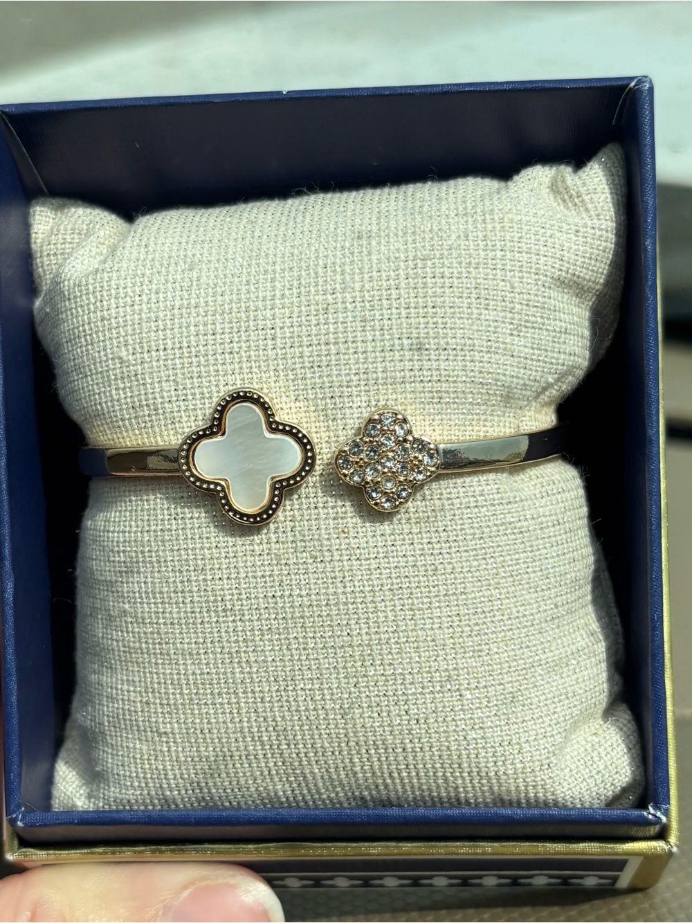 Gold Clover Open Cuff Bracelet with Mother-of-Pearl and Crystal Clover Accents